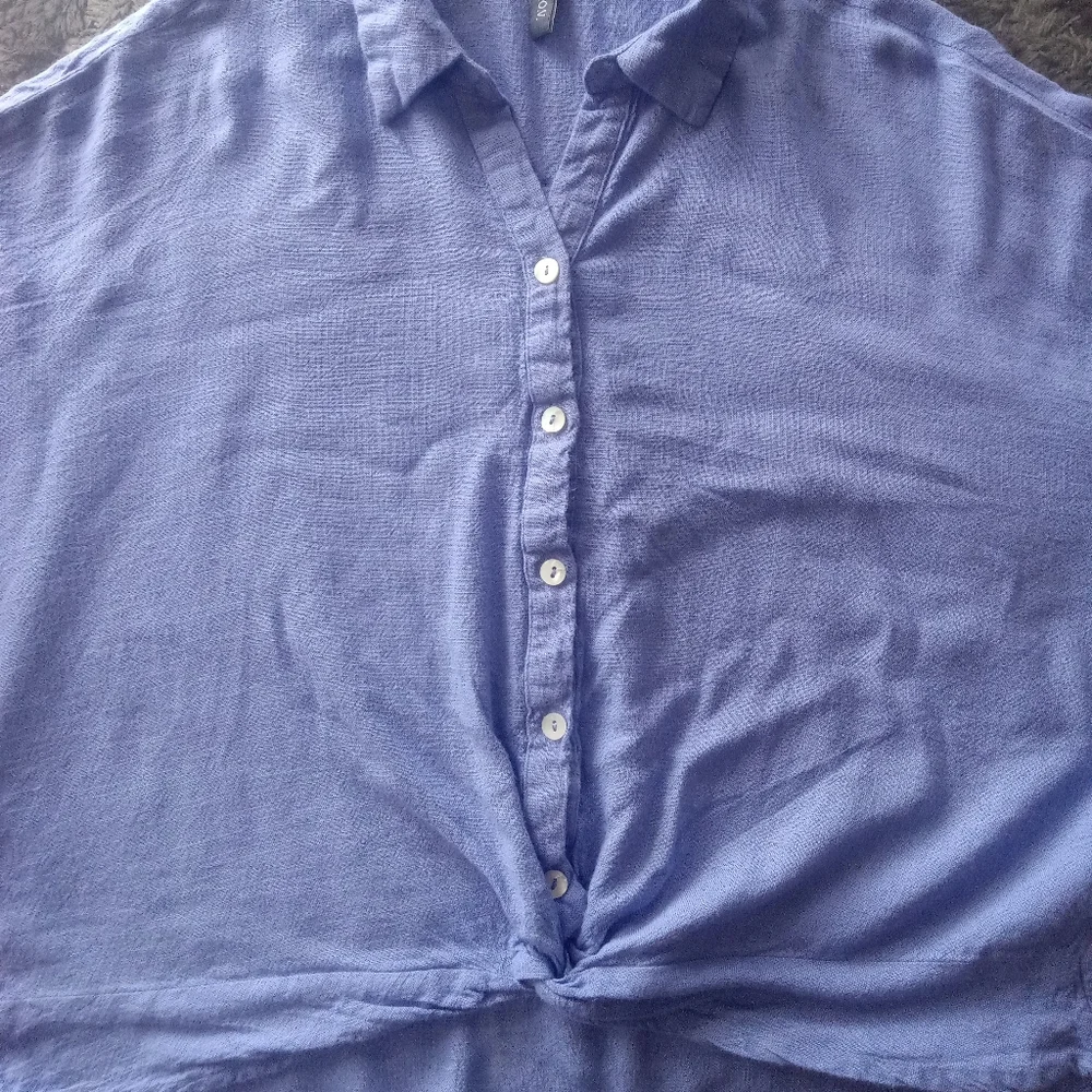 L.O.V Women's Blue Long Sleeve Tie Knot Linen Blend Button Blouse Size M - Picture 4 of 10